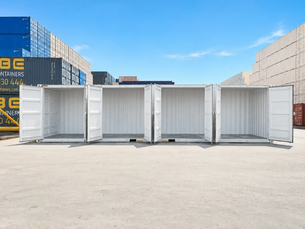 Light grey 40 ft high cube side door container with all side doors open for compartmentalized storage