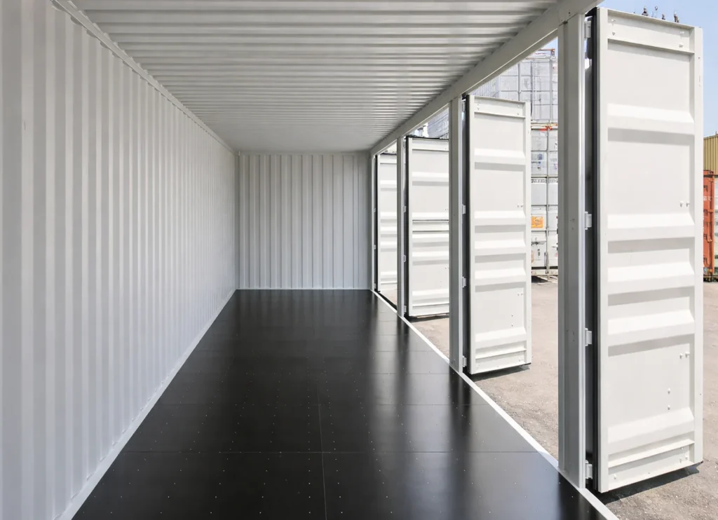 Interior view of a 40 ft high cube side door shipping container with open side doors for easy access