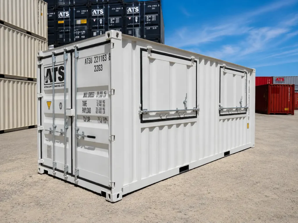 20 FT shipping container kiosk with two closed flip-up serving windows