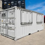 20 FT shipping container kiosk with two closed flip-up serving windows
