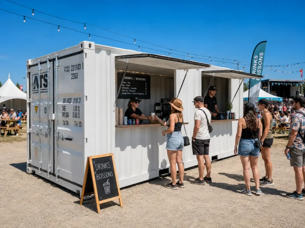 Kiosque en conteneur maritime de 20 pi utilisé comme comptoir de service lors d’un festival extérieur au Canada