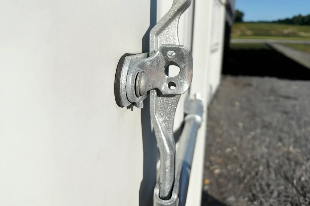 Close up of a Hasp lock on the awning window of the shipping container
