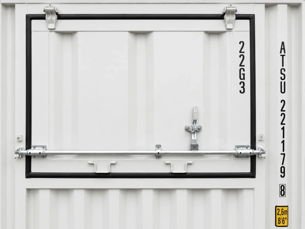 Closed flip-up serving window and locking mechanism on shipping container kiosk