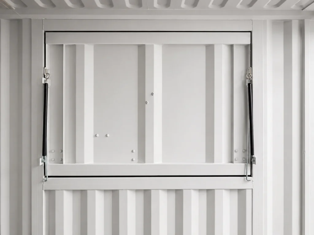 Interior view of flip-up serving window with gas spring struts lock and close
