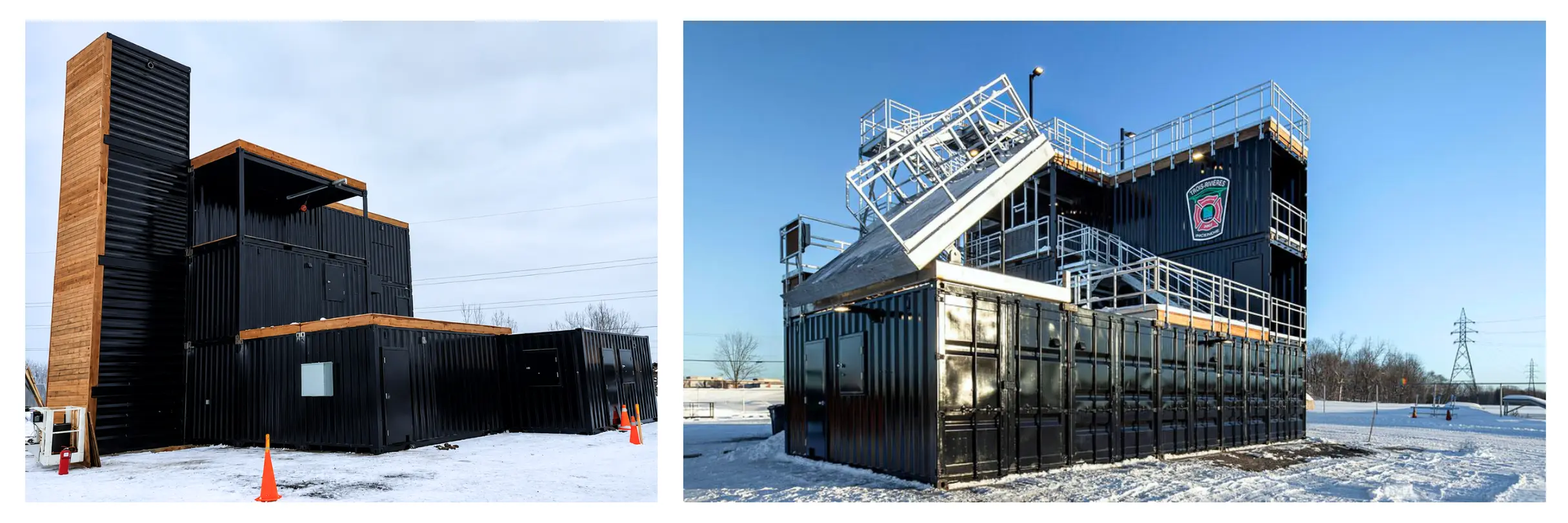 Ten shipping containers used to build a firefighter training centre in Quebec, shown from the front and rear of the facility.