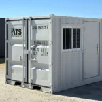 White ATS 9 ft office container with entry door and security window