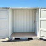 Interior of ATS 9 ft office container with open cargo doors and finished flooring