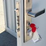Entry door lock and handle on ATS 9 ft office container