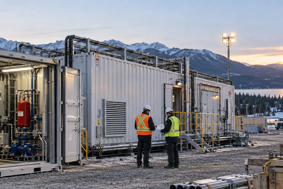 Two shipping containers used in Northern Canada for industrial applications, showing complex pumping systems.