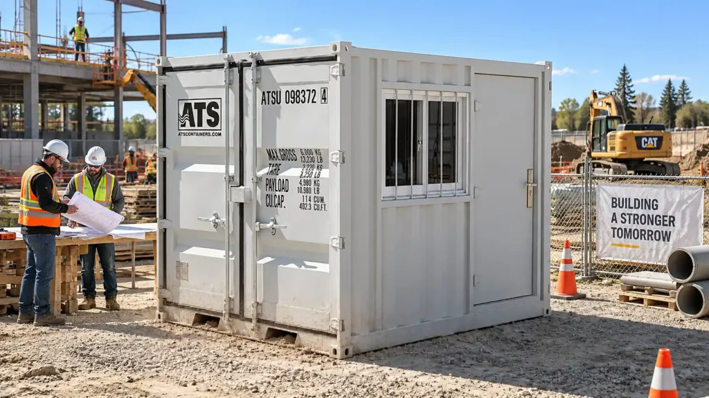 Conteneur bureau de 9 pieds utilisé sur un chantier