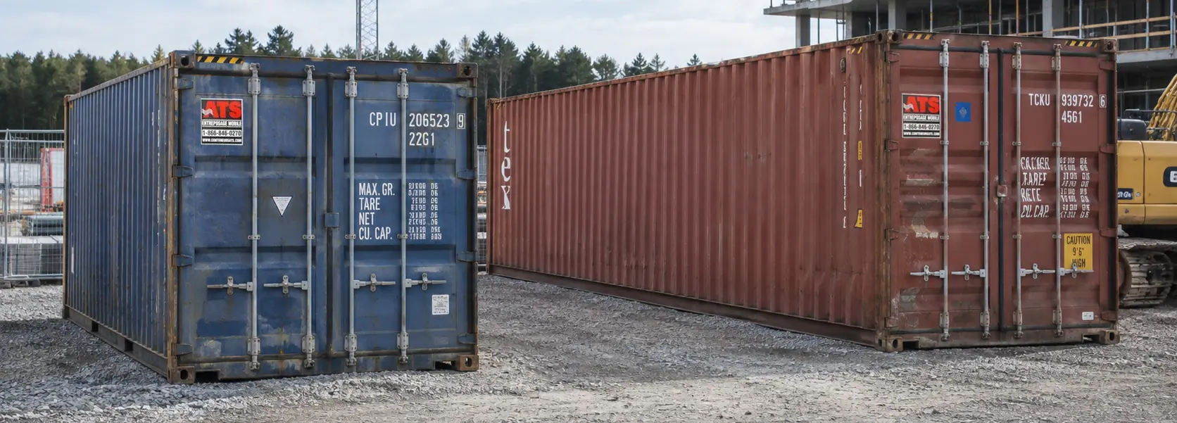 Two used rental shipping containers, one 20 ft and one 40 ft, installed on a construction site in Canada.